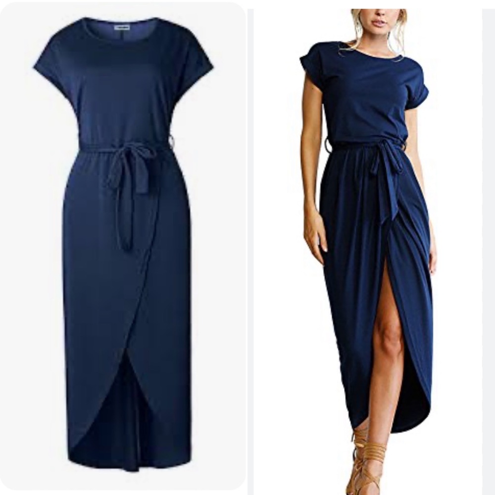 Yidarton Navy Short Sleeve Wrap Casual Dress Size Small